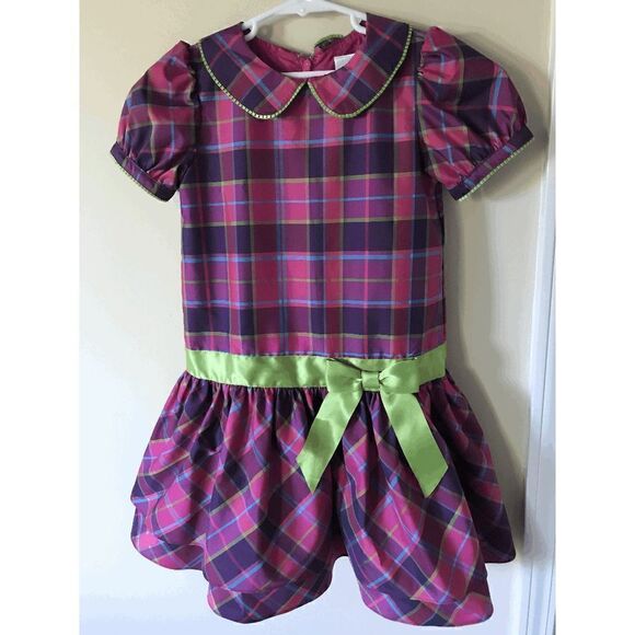 Hanna Andersson Girls Lined Puff Sleeve Pleated Tulle Dress Purple Plaid Sz 120 - Picture 3 of 4